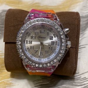 Geneva Watch - Rainbow Sherbet Rubber Band with Diamond Face